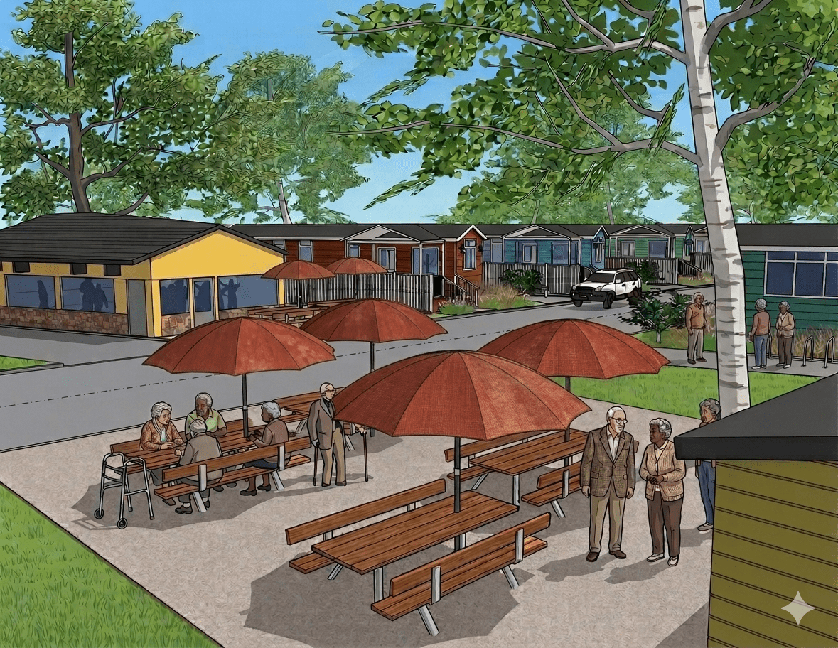 Rendering of the outdoor seating area at Courtney Senior Estates